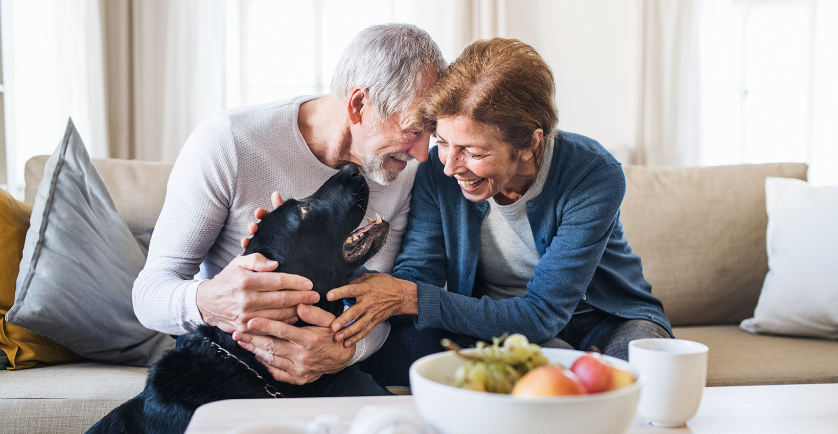 An elderly couple sitting on the couch and playing wiht a black lab