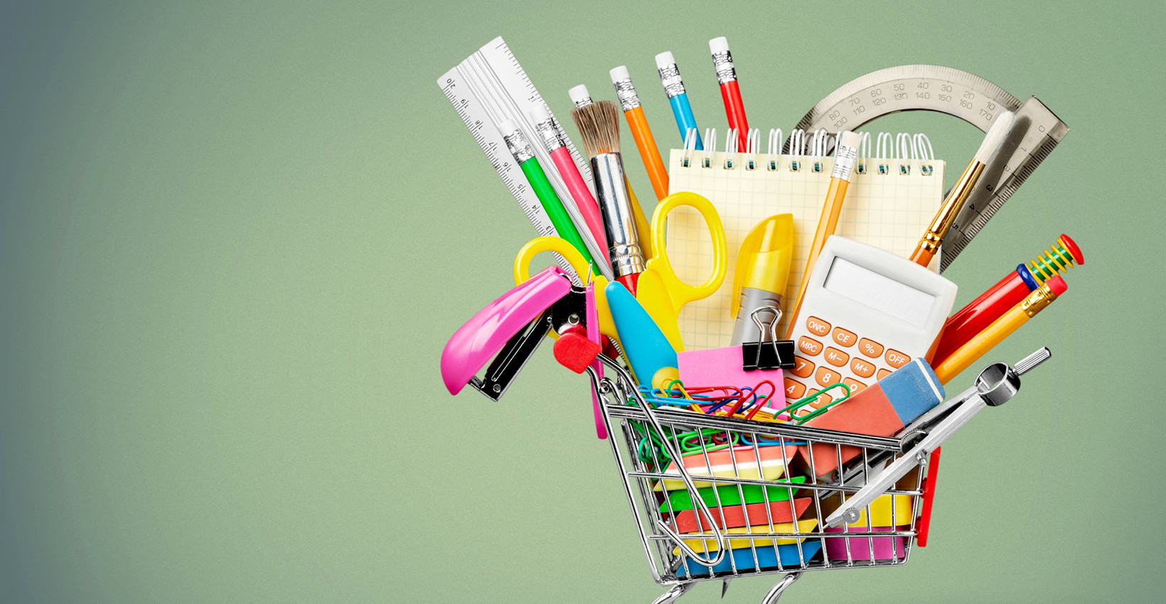 A shopping cart full of back to school items