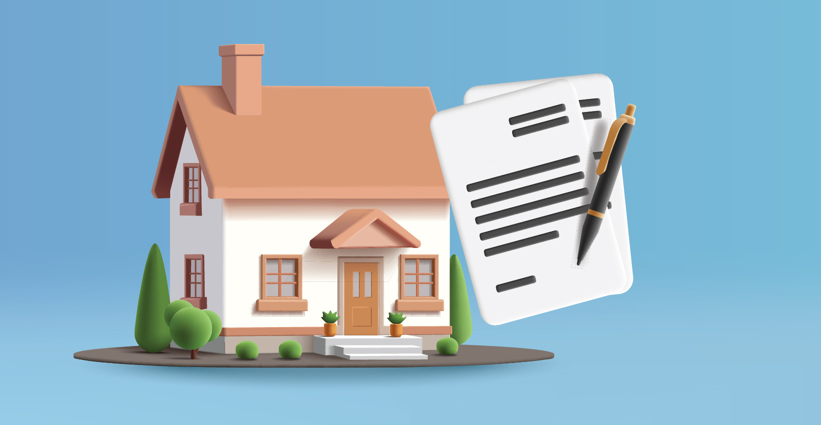a cartoon graphic of a house and papers with a pen