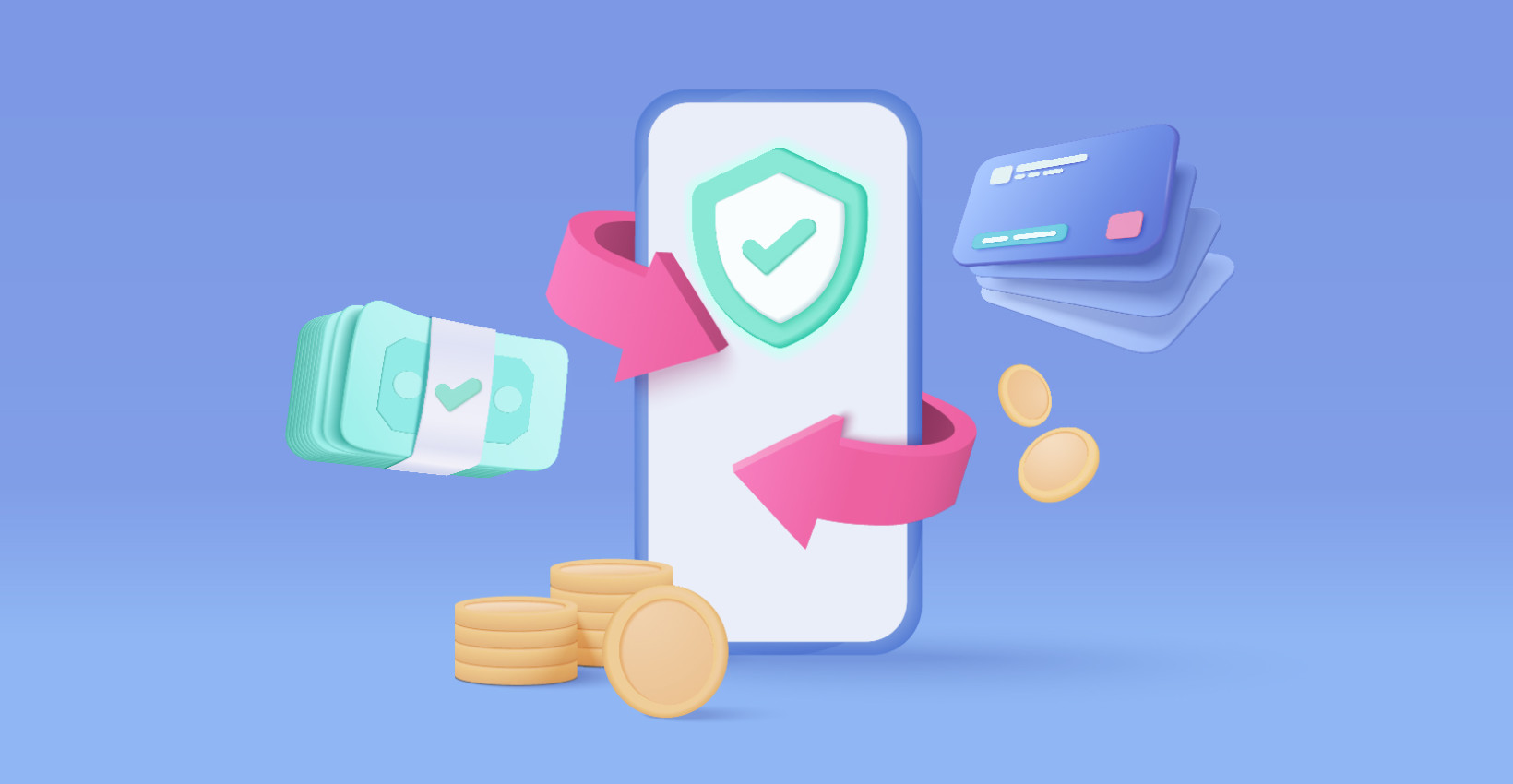a graphic of a phone with a credit card, cash, and coins floating around it