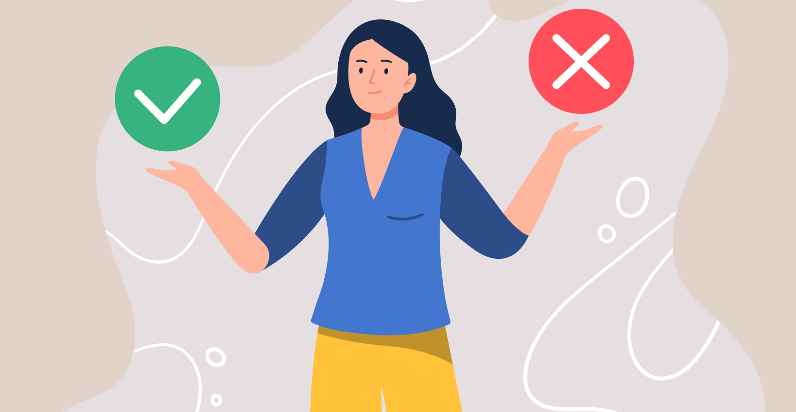 a cartoon woman shrugs while a green check mark is shown on her right and a red x is shown on her left