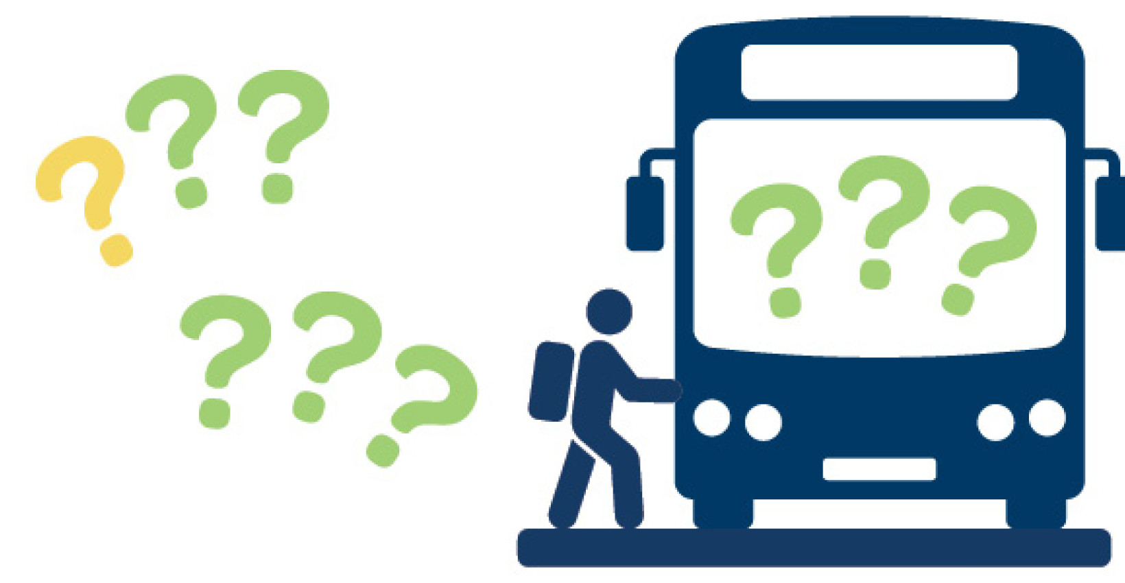 An illustration of a person loading onto a bus full of question marks