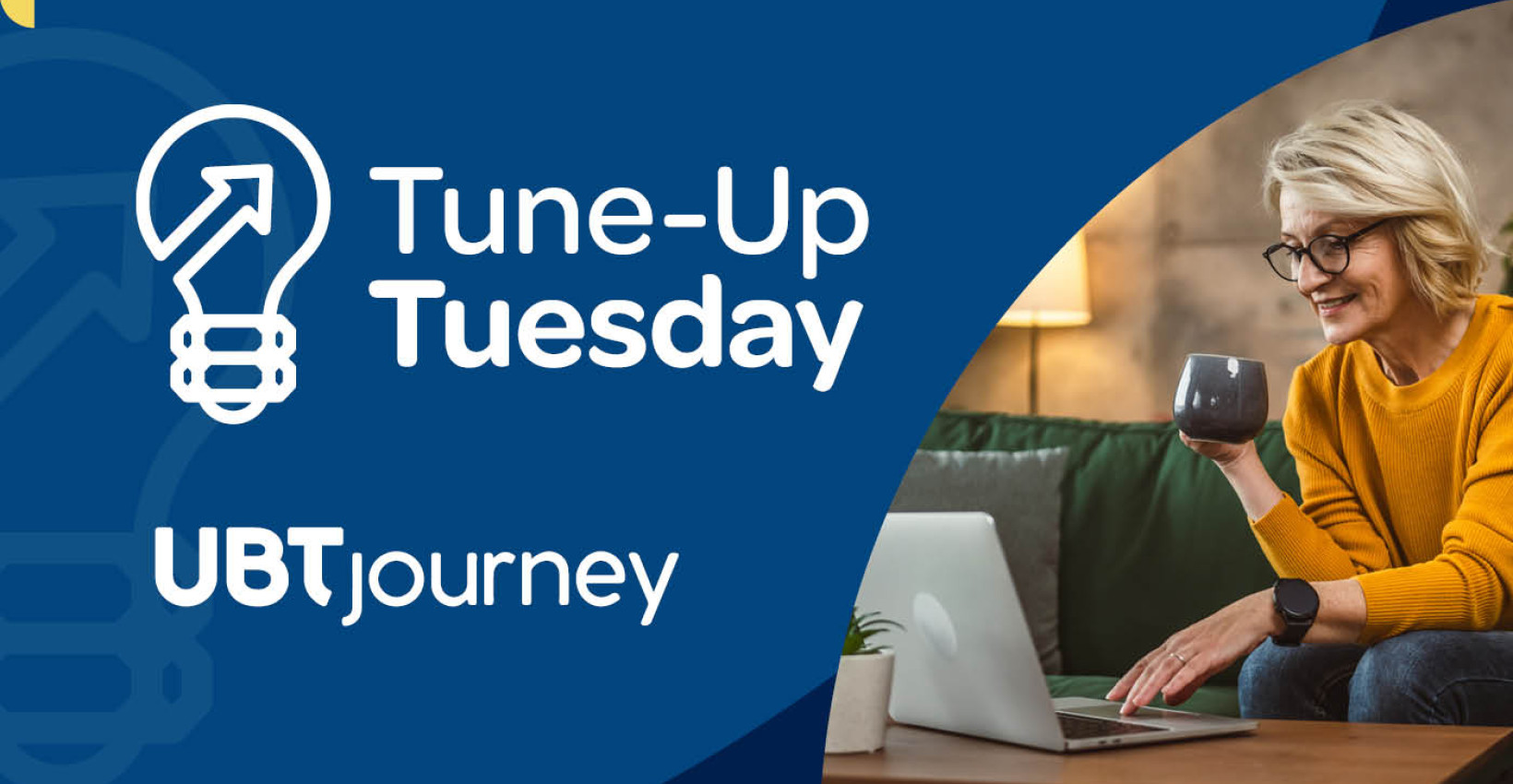 graphic for tune up tuesday includes a woman sitting at her coffee table with a laptop