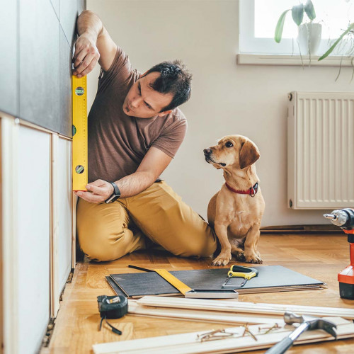 A man using a level on a wall while his dog watches