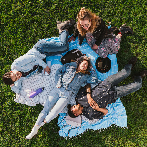 a group of people lay on a blanket in the grass