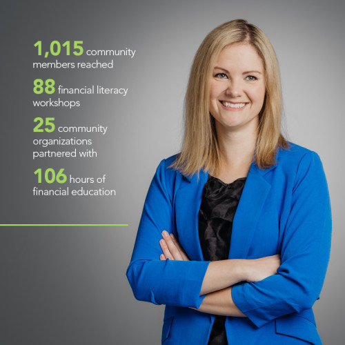 Brittany Planos next to some stats from her Financial Literacy Program