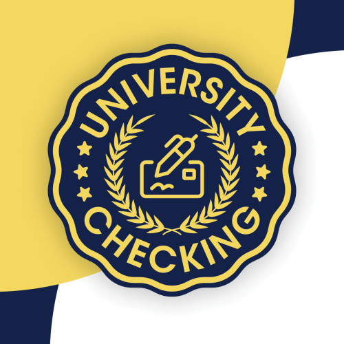 a dark blue, yellow, and white graphic that says university checking 