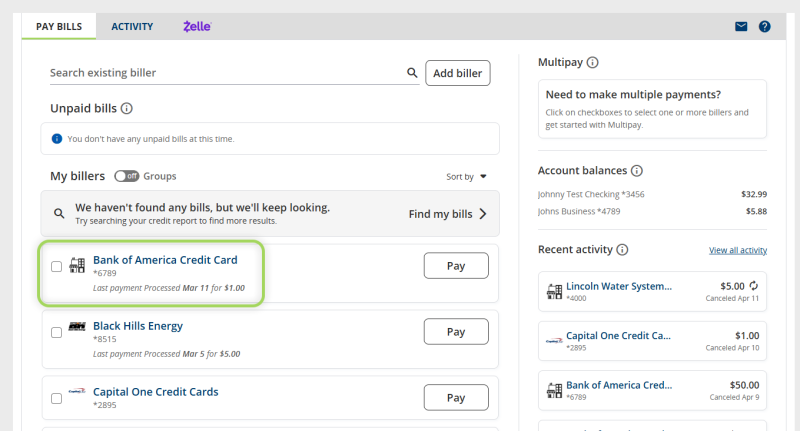 Screenshot of Billpay in UBTgo