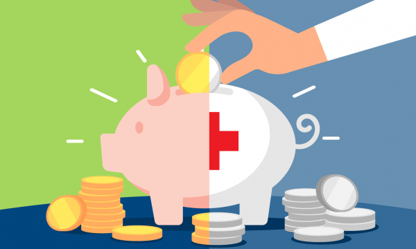 An illustration of someone dropping a coin into a piggy bank