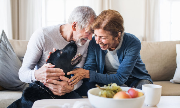 An elderly couple sitting on the couch and playing wiht a black lab