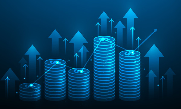 illustrated graphic of coins and up arrows colored blue