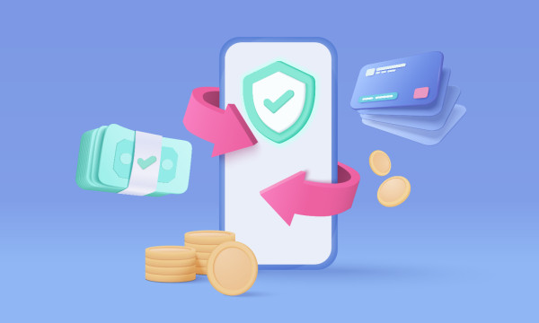 a graphic of a phone with a credit card, cash, and coins floating around it