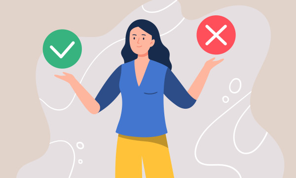 a cartoon woman shrugs while a green check mark is shown on her right and a red x is shown on her left