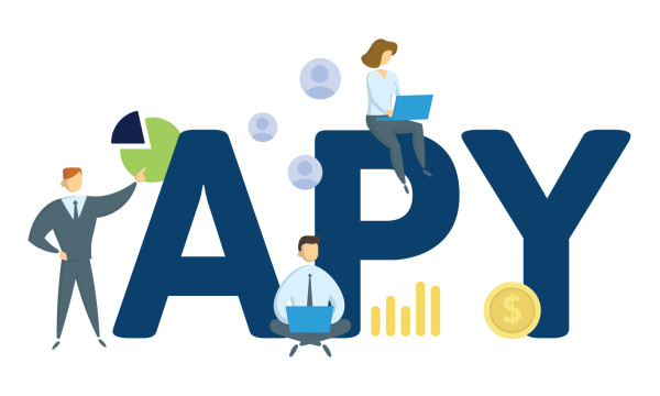 a cartoon graphic of the letters APY with people standing around it