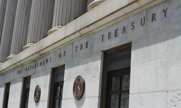 The outside of the Treasury Building in DC