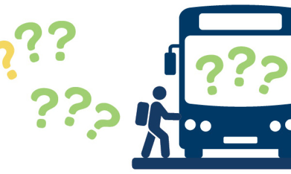 An illustration of a person loading onto a bus full of question marks